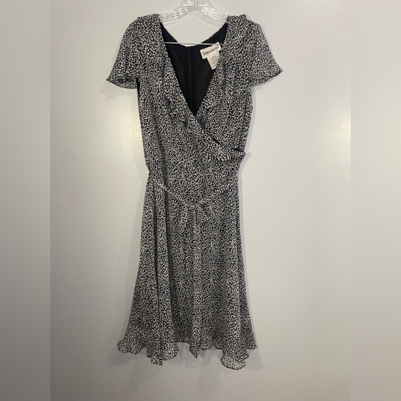 Vintage Danny & Nicole Faux Wrap Midi Dress Ruffle Black White Size 14 Lined - Picture 5 of 14